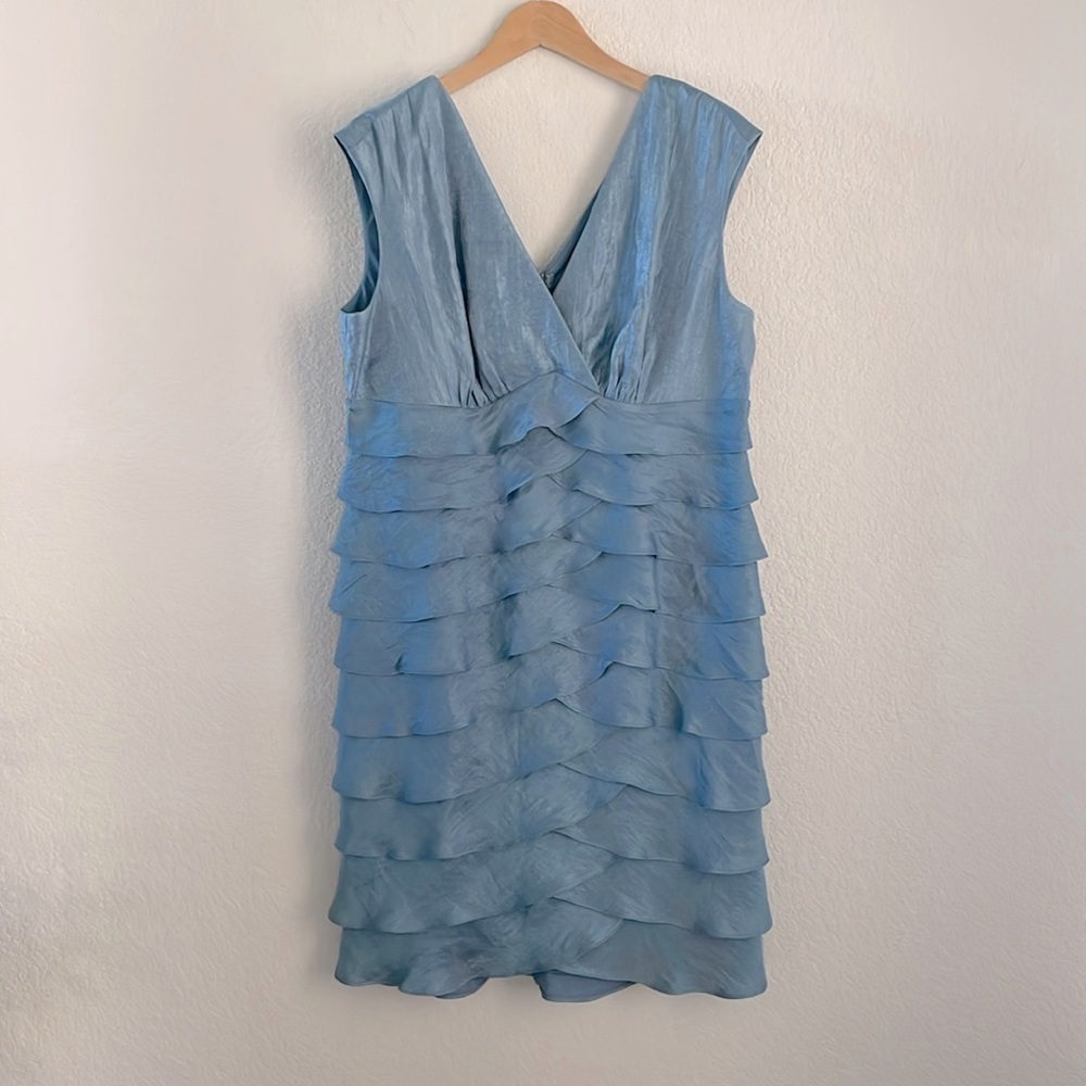 London Times Light Blue Tiered V-Neck Cocktail Dress